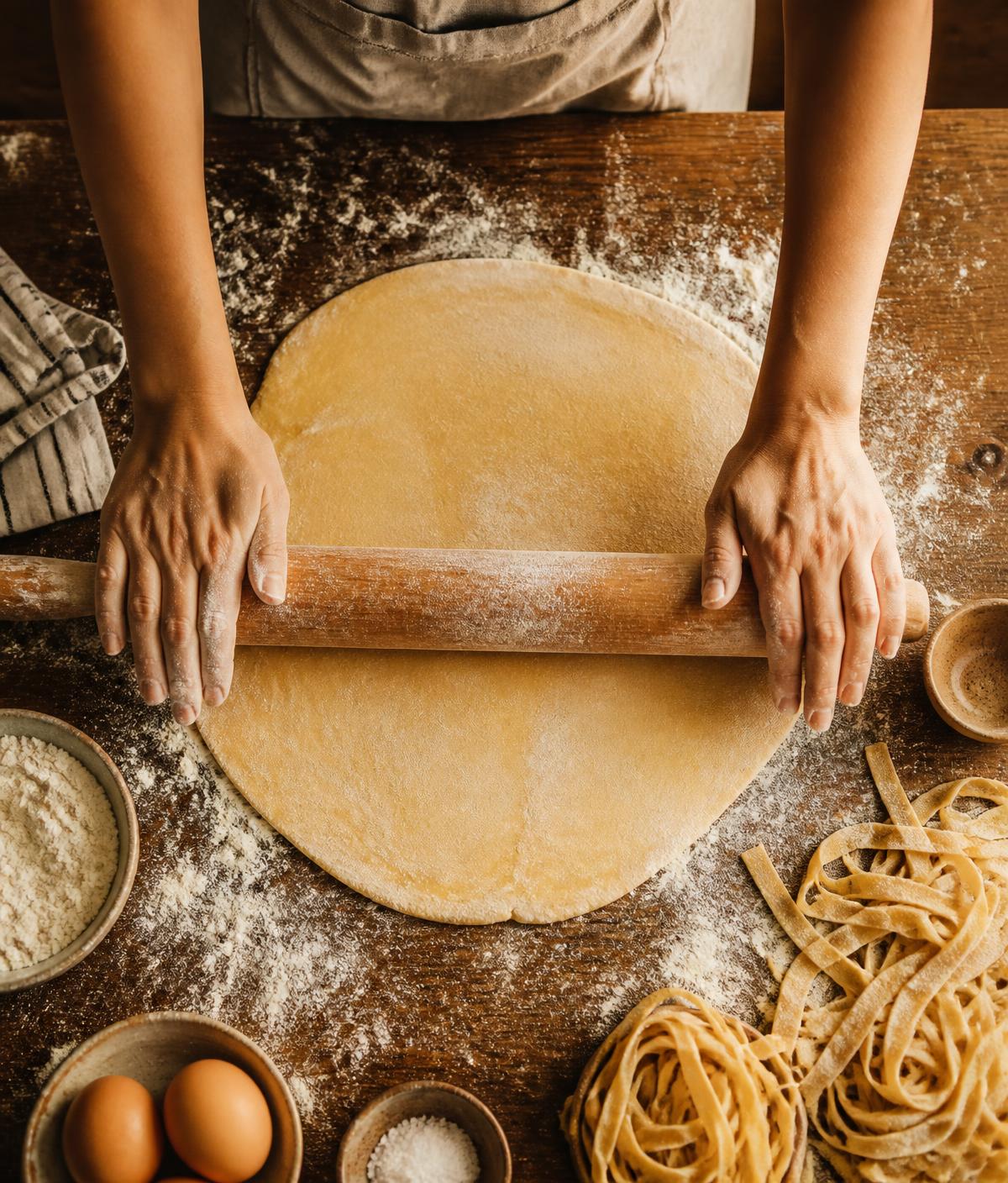 Hands rolling fresh pasta dough on a floured wooden table