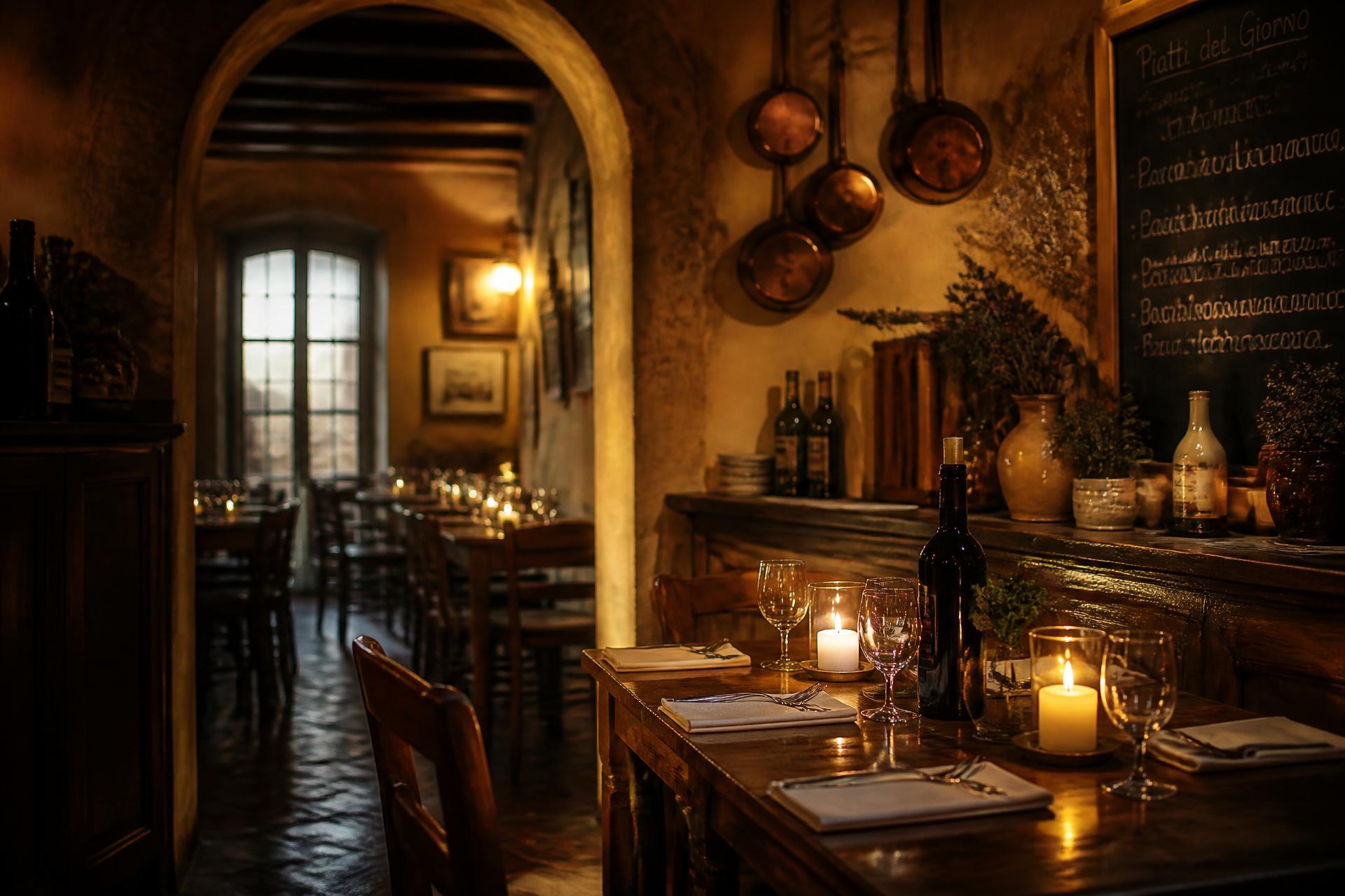 Candlelit dining room of a rustic Italian trattoria